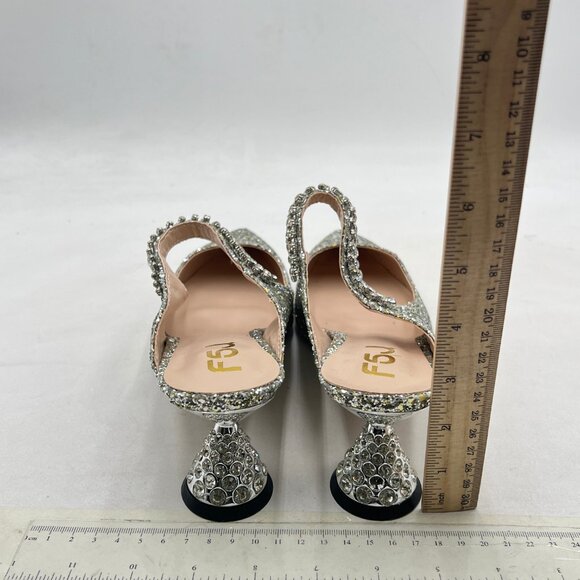 FSJ SIlver Glitter Rhinestone Cone Low Heel Mules Pointed Toe One Strap Sandals - Picture 5 of 8